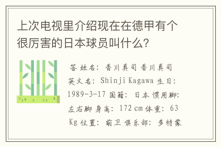 上次电视里介绍现在在德甲有个很厉害的日本球员叫什么？