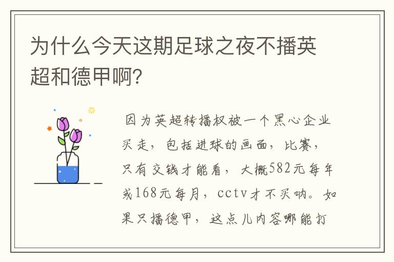 为什么今天这期足球之夜不播英超和德甲啊？