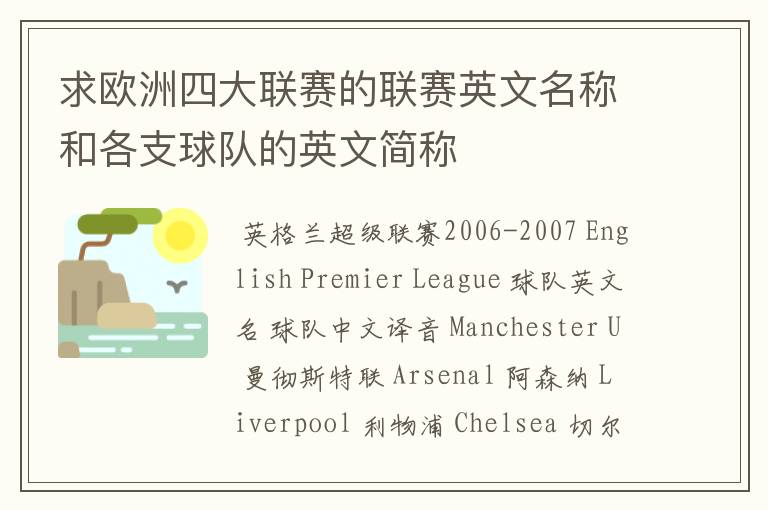 求欧洲四大联赛的联赛英文名称和各支球队的英文简称