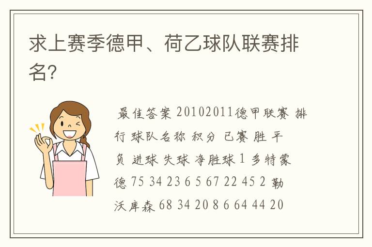 求上赛季德甲、荷乙球队联赛排名？