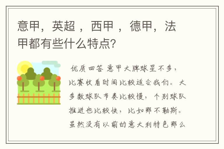 意甲，英超 ，西甲 ，德甲，法甲都有些什么特点？