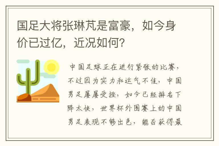 国足大将张琳芃是富豪，如今身价已过亿，近况如何？