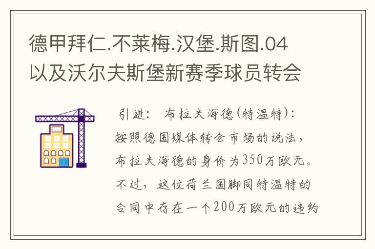 德甲拜仁.不莱梅.汉堡.斯图.04以及沃尔夫斯堡新赛季球员转会一览