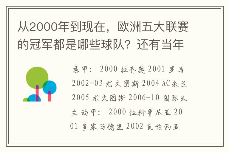 从2000年到现在，欧洲五大联赛的冠军都是哪些球队？还有当年的欧冠冠军。