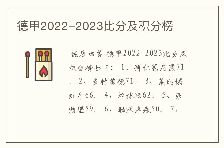 德甲2022-2023比分及积分榜