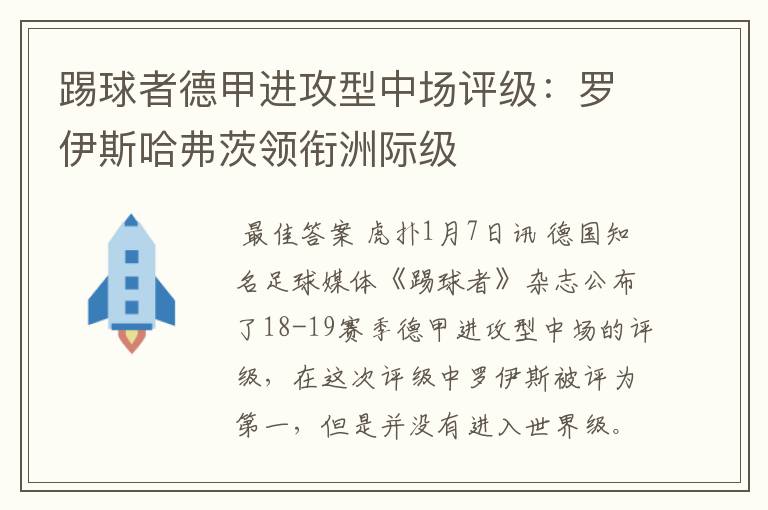 踢球者德甲进攻型中场评级：罗伊斯哈弗茨领衔洲际级