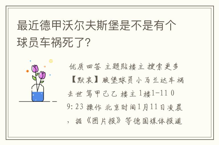 最近德甲沃尔夫斯堡是不是有个球员车祸死了？