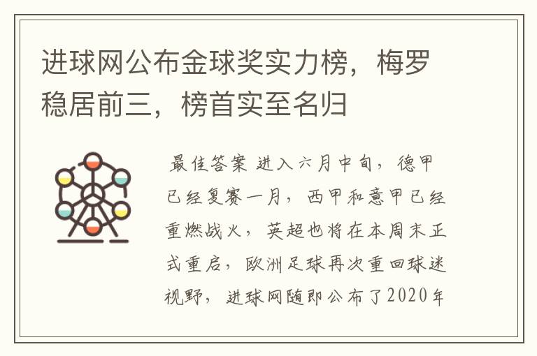 进球网公布金球奖实力榜，梅罗稳居前三，榜首实至名归