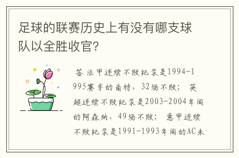 足球的联赛历史上有没有哪支球队以全胜收官？