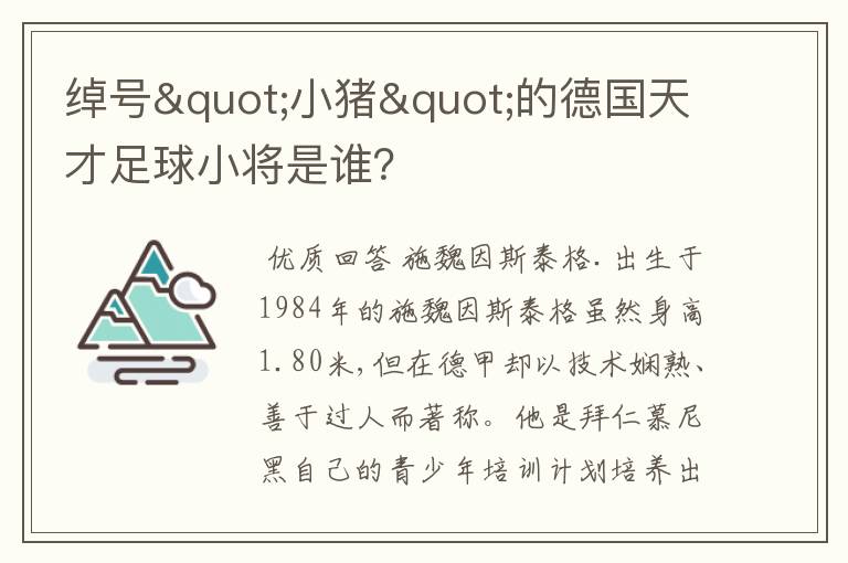 绰号"小猪"的德国天才足球小将是谁？