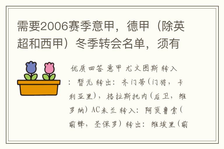 需要2006赛季意甲，德甲（除英超和西甲）冬季转会名单，须有转会方式