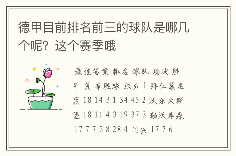 德甲目前排名前三的球队是哪几个呢？这个赛季哦