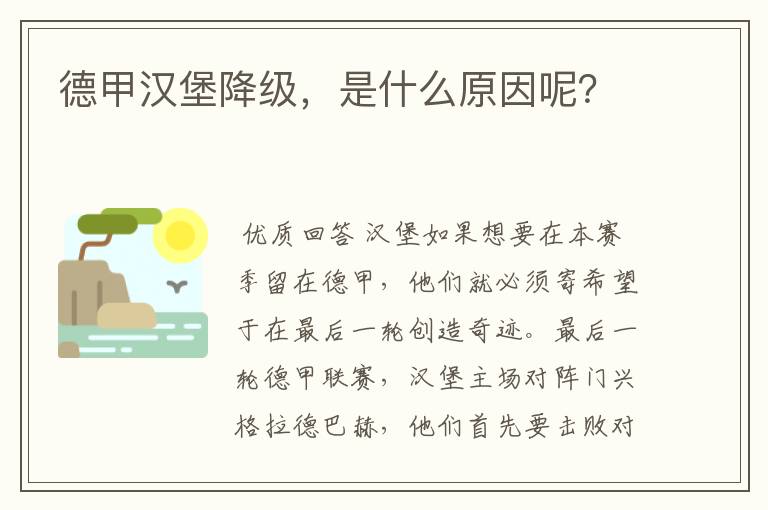 德甲汉堡降级，是什么原因呢？