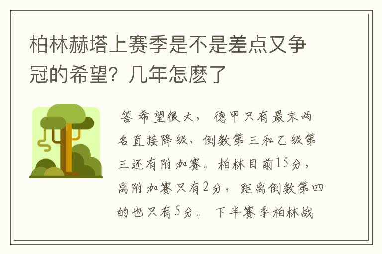 柏林赫塔上赛季是不是差点又争冠的希望？几年怎麽了