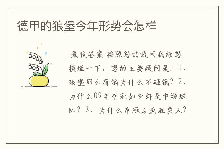 德甲的狼堡今年形势会怎样