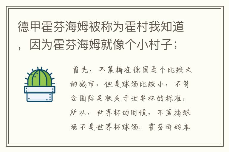 德甲霍芬海姆被称为霍村我知道，因为霍芬海姆就像个小村子；那不莱梅为什么叫梅村？不莱梅不是城市吗？