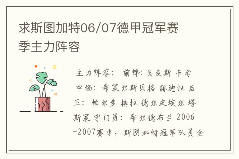 求斯图加特06/07德甲冠军赛季主力阵容