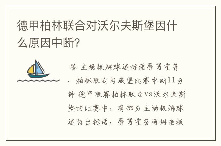 德甲柏林联合对沃尔夫斯堡因什么原因中断？