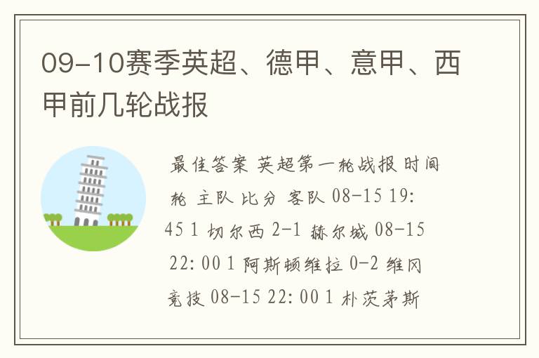 09-10赛季英超、德甲、意甲、西甲前几轮战报