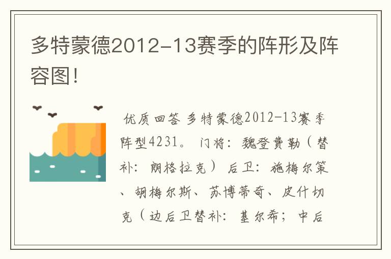 多特蒙德2012-13赛季的阵形及阵容图！