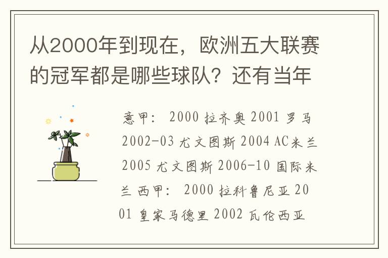 从2000年到现在，欧洲五大联赛的冠军都是哪些球队？还有当年的欧冠冠军。