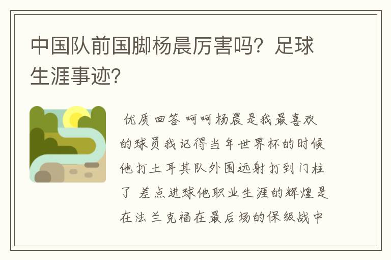 中国队前国脚杨晨厉害吗？足球生涯事迹？