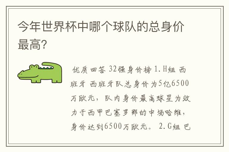 今年世界杯中哪个球队的总身价最高？