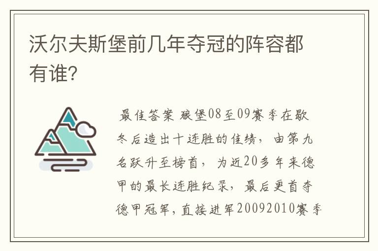 沃尔夫斯堡前几年夺冠的阵容都有谁？