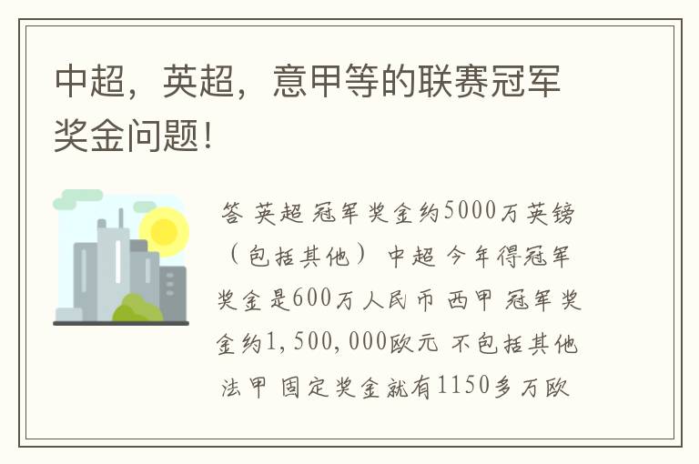 中超，英超，意甲等的联赛冠军奖金问题！