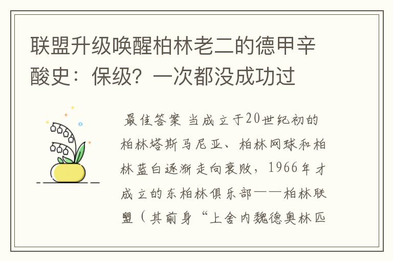 联盟升级唤醒柏林老二的德甲辛酸史：保级？一次都没成功过