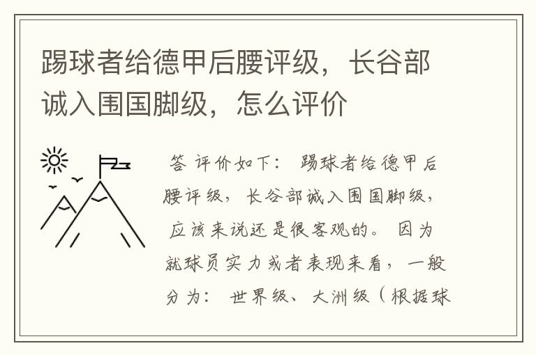 踢球者给德甲后腰评级，长谷部诚入围国脚级，怎么评价