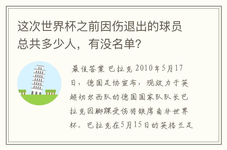 这次世界杯之前因伤退出的球员总共多少人，有没名单？