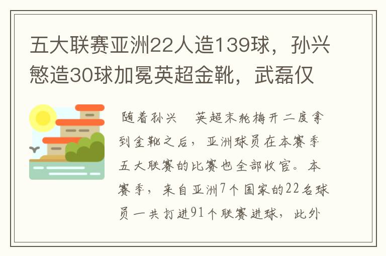 五大联赛亚洲22人造139球，孙兴慜造30球加冕英超金靴，武磊仅1球