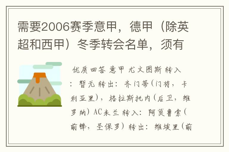 需要2006赛季意甲，德甲（除英超和西甲）冬季转会名单，须有转会方式