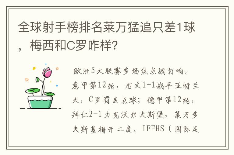 全球射手榜排名莱万猛追只差1球，梅西和C罗咋样？