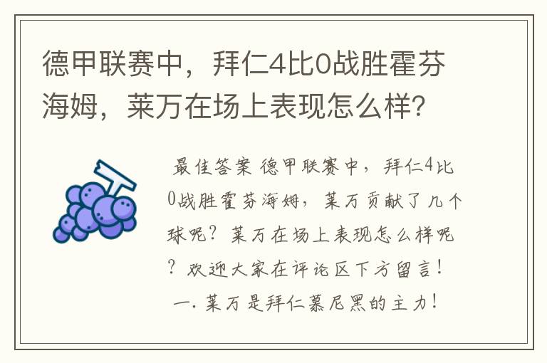 德甲联赛中，拜仁4比0战胜霍芬海姆，莱万在场上表现怎么样？