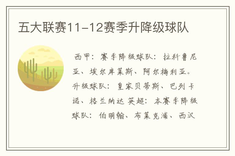 五大联赛11-12赛季升降级球队