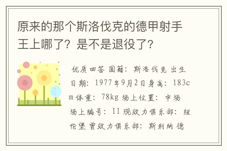 原来的那个斯洛伐克的德甲射手王上哪了？是不是退役了?