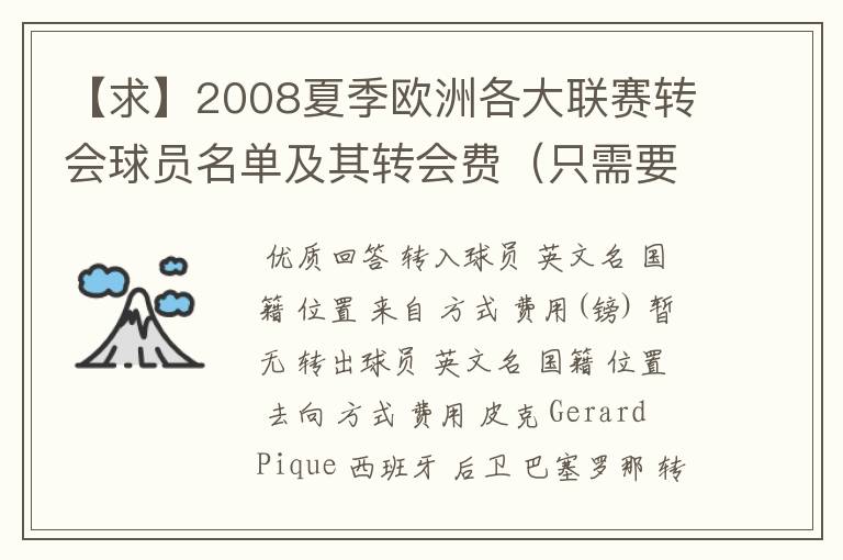 【求】2008夏季欧洲各大联赛转会球员名单及其转会费（只需要知名球星）