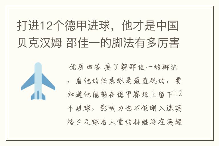 打进12个德甲进球，他才是中国贝克汉姆 邵佳一的脚法有多厉害