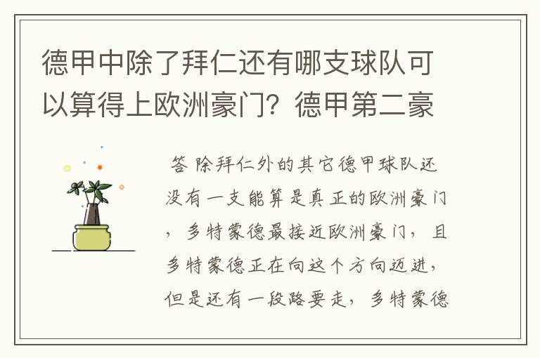 德甲中除了拜仁还有哪支球队可以算得上欧洲豪门？德甲第二豪门是谁？国家德比是拜仁对谁？