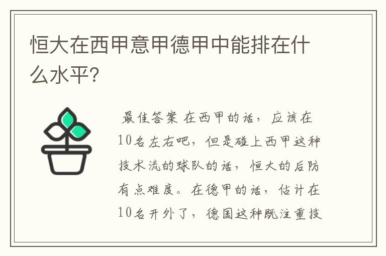 恒大在西甲意甲德甲中能排在什么水平？