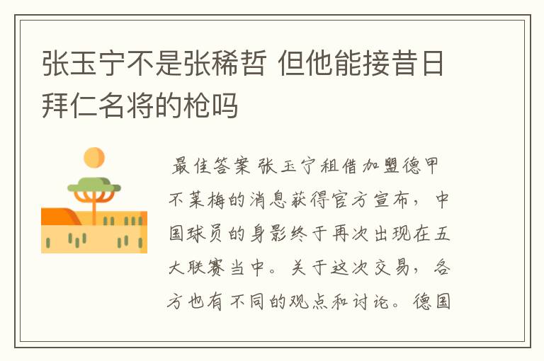 张玉宁不是张稀哲 但他能接昔日拜仁名将的枪吗