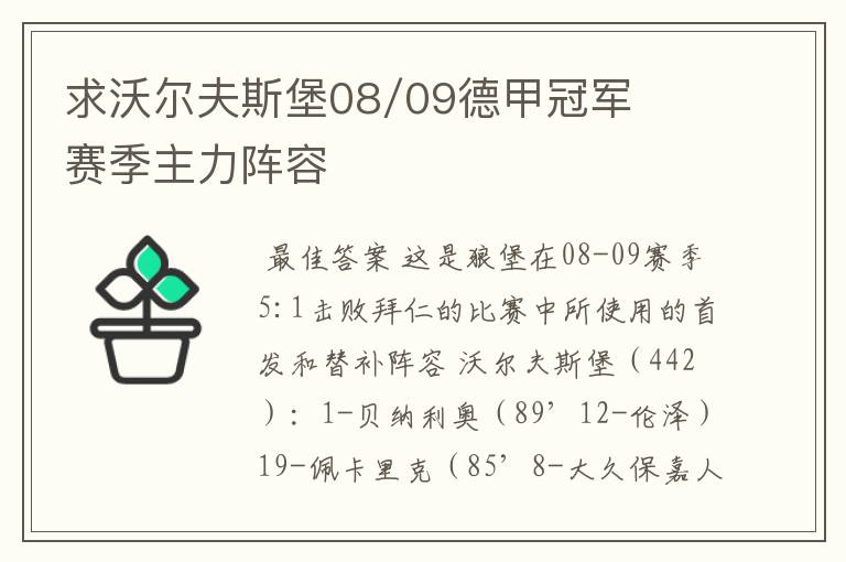 求沃尔夫斯堡08/09德甲冠军赛季主力阵容