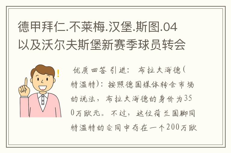 德甲拜仁.不莱梅.汉堡.斯图.04以及沃尔夫斯堡新赛季球员转会一览