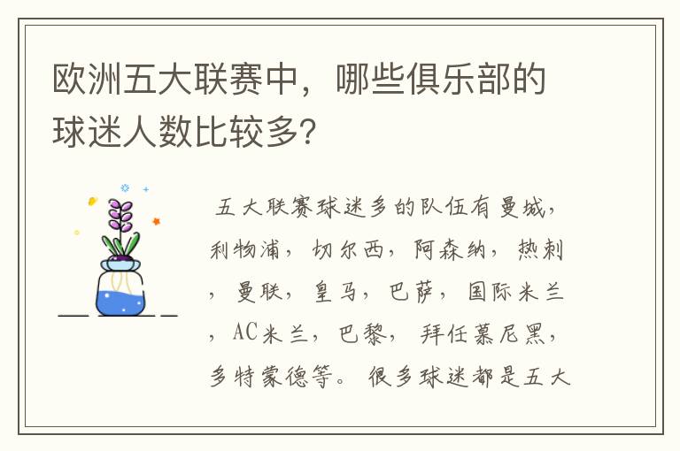 欧洲五大联赛中，哪些俱乐部的球迷人数比较多？