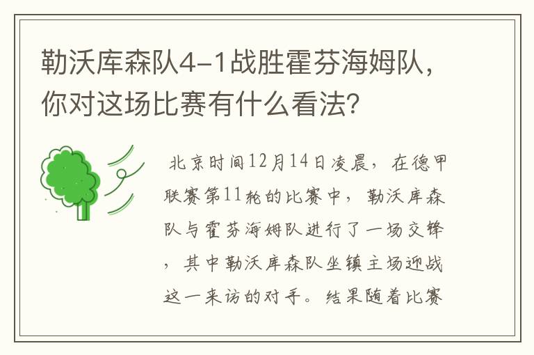 勒沃库森队4-1战胜霍芬海姆队，你对这场比赛有什么看法？