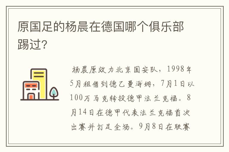 原国足的杨晨在德国哪个俱乐部踢过?