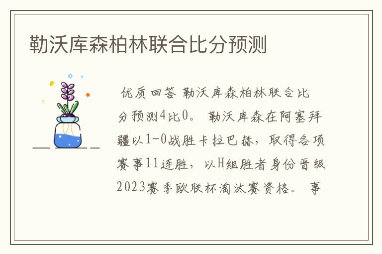 勒沃库森柏林联合比分预测