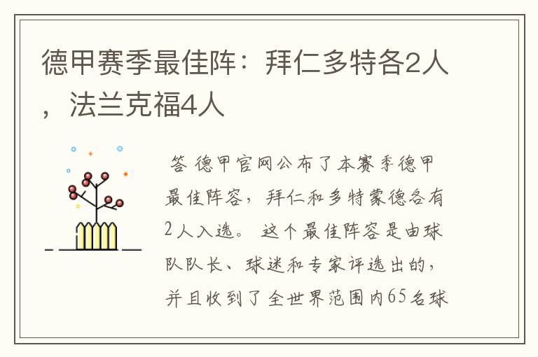 德甲赛季最佳阵：拜仁多特各2人，法兰克福4人